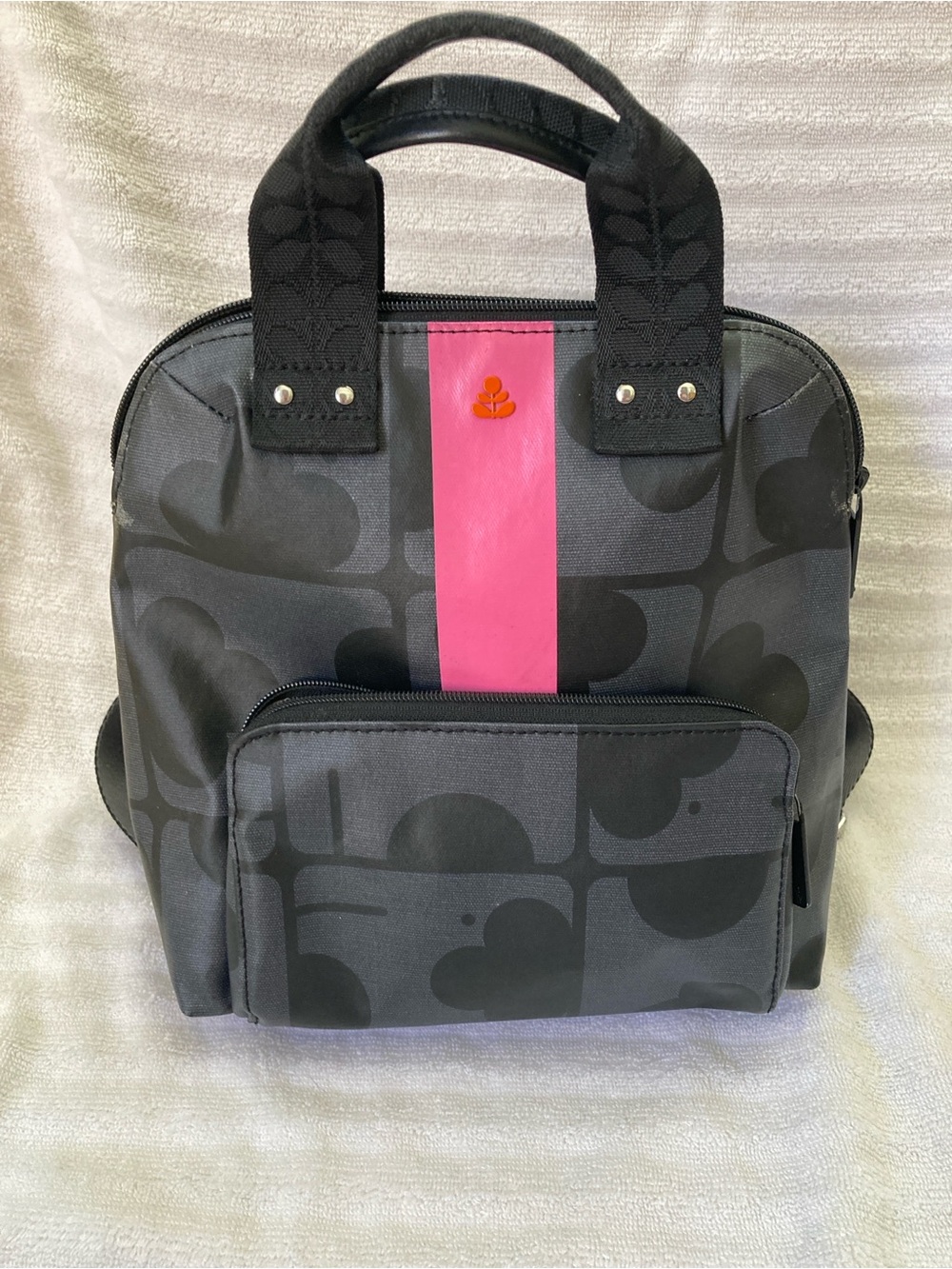 Orla Kiely Black Signature Backpack with Pink Center Stripe